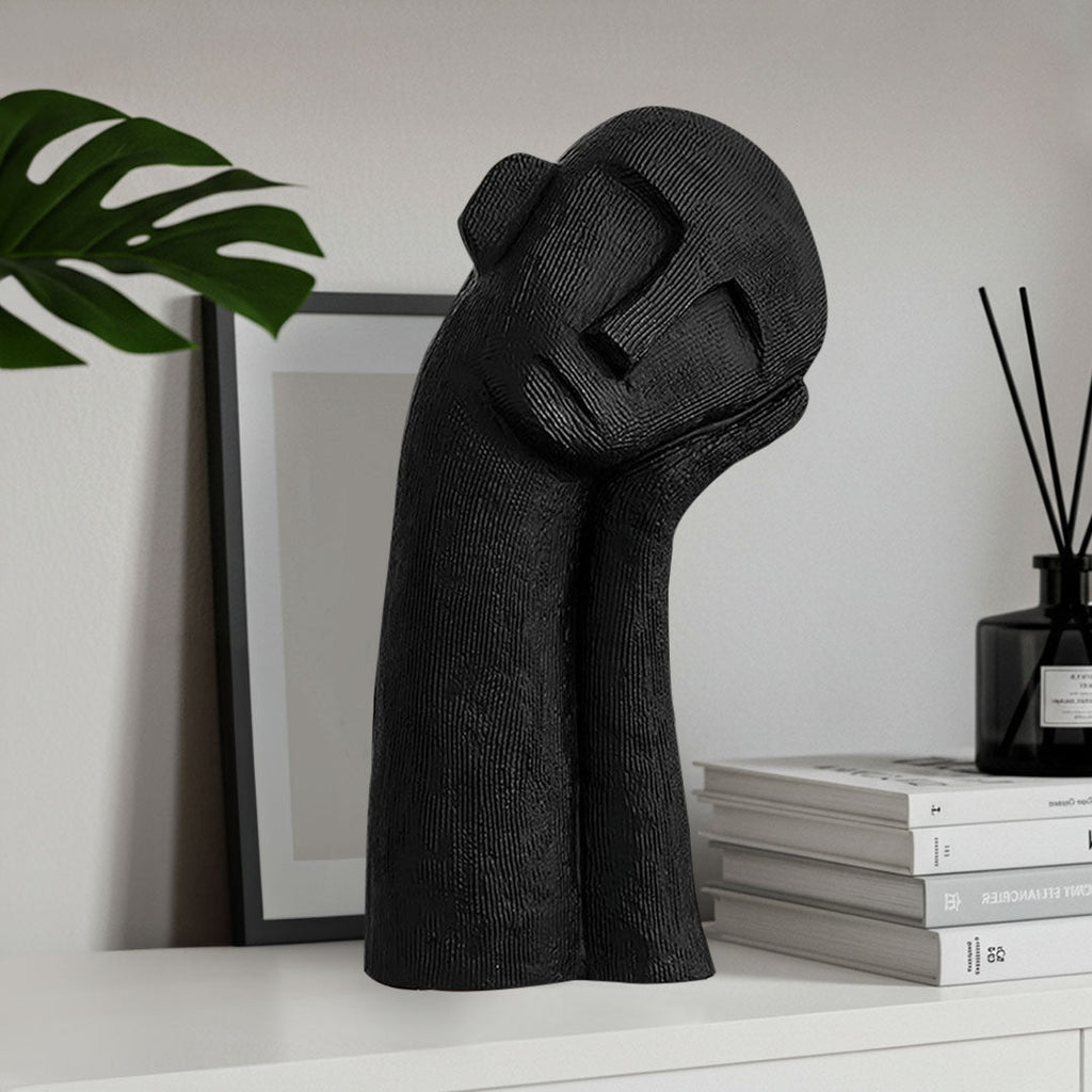 38cm matte black minimalist resin sculpture with linear texture and symbolic design for home decor — view 5