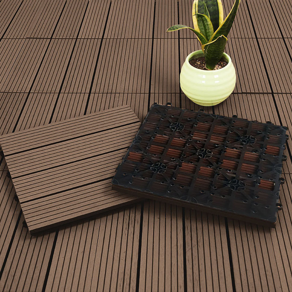 Dark chocolate wooden composite decking tiles with interlocking design for outdoor patio and garden flooring — view 5