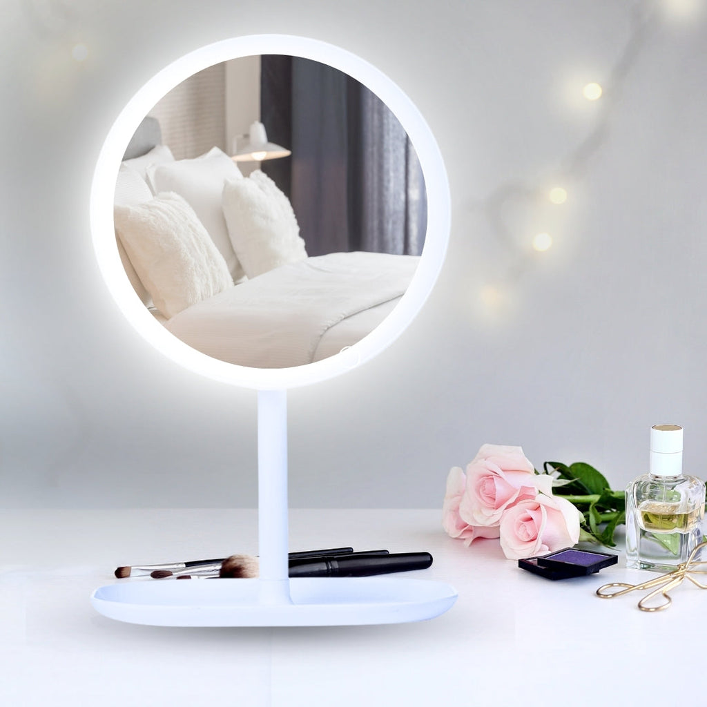 White round smart LED tabletop makeup vanity mirror with illuminated ring light and adjustable stand — view 5