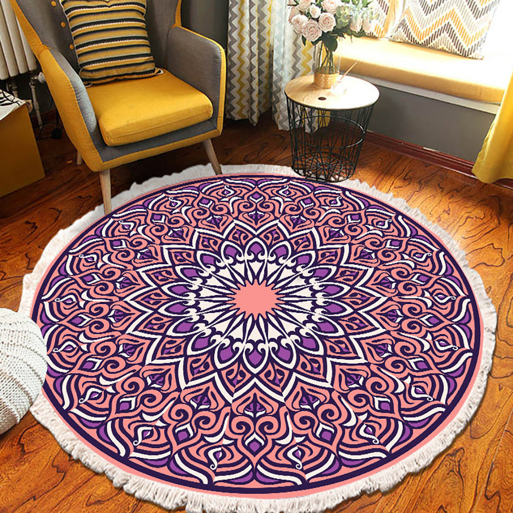 Purple mandala round area rug with anti-slip backing for modern living room decor — view 5