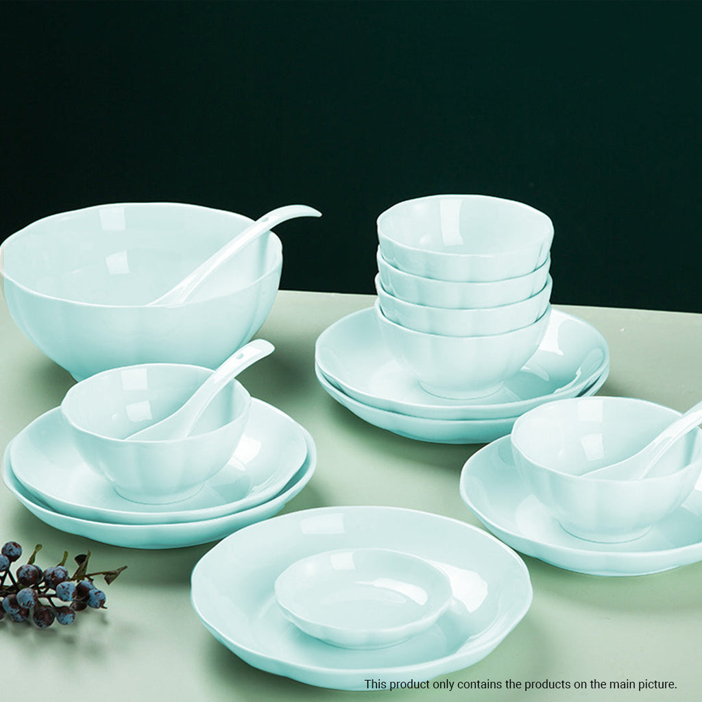 Light blue Japanese ceramic dinnerware set with stackable dining bowls plates spoons and chopsticks — view 5