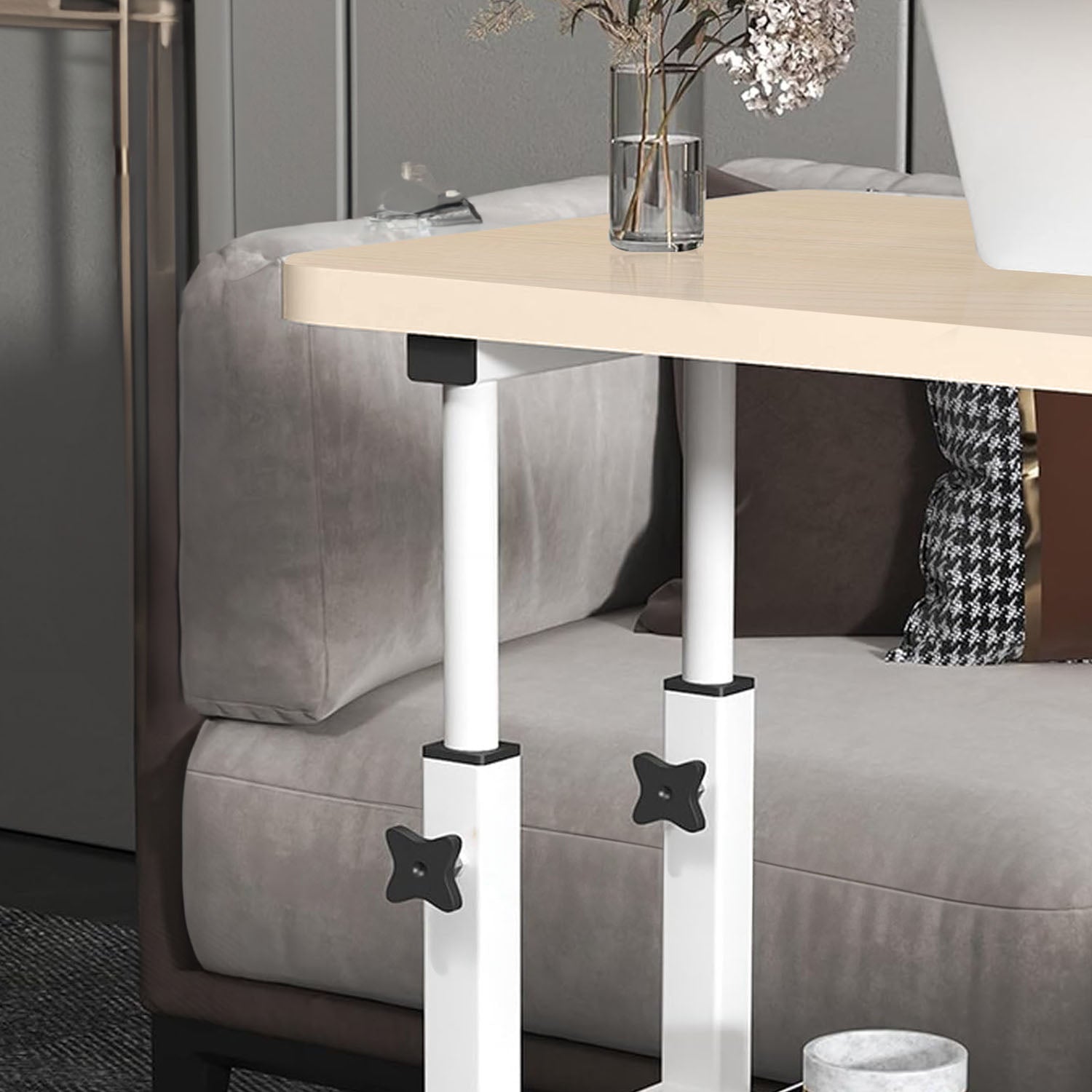 Set of two movable white maple wood bedside tables with sturdy metal frames and rolling wheels — view 5