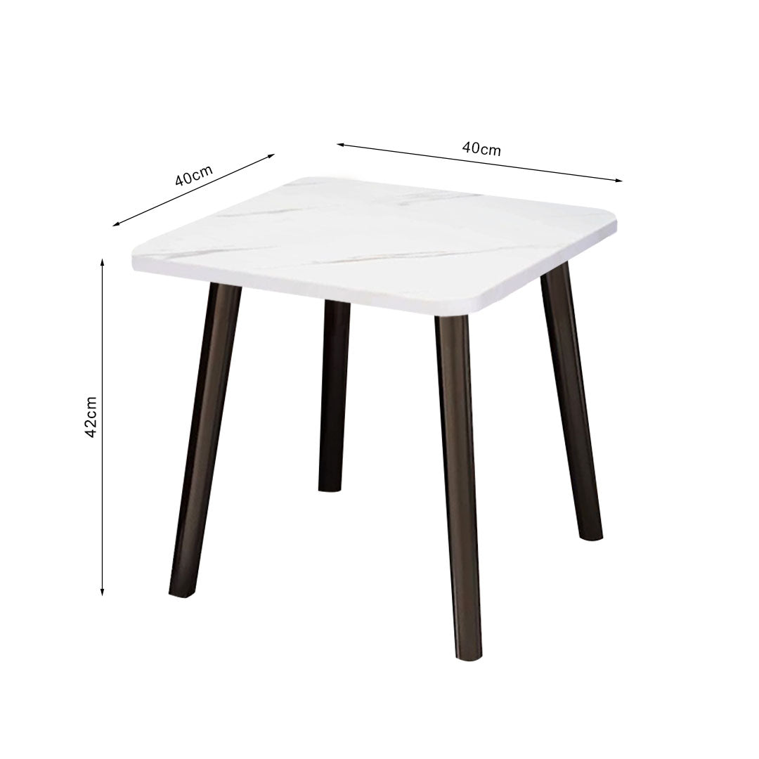 White ceramic side table with stone pattern top and black pine wood legs — view 5