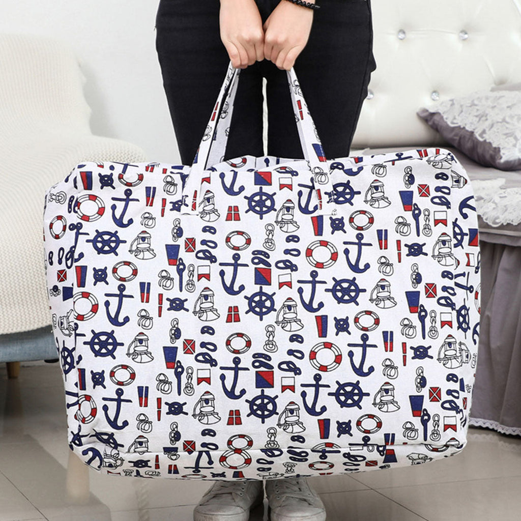 Large foldable nautical print travel storage bag with double zippers and cross-stitched carrying handles — view 5