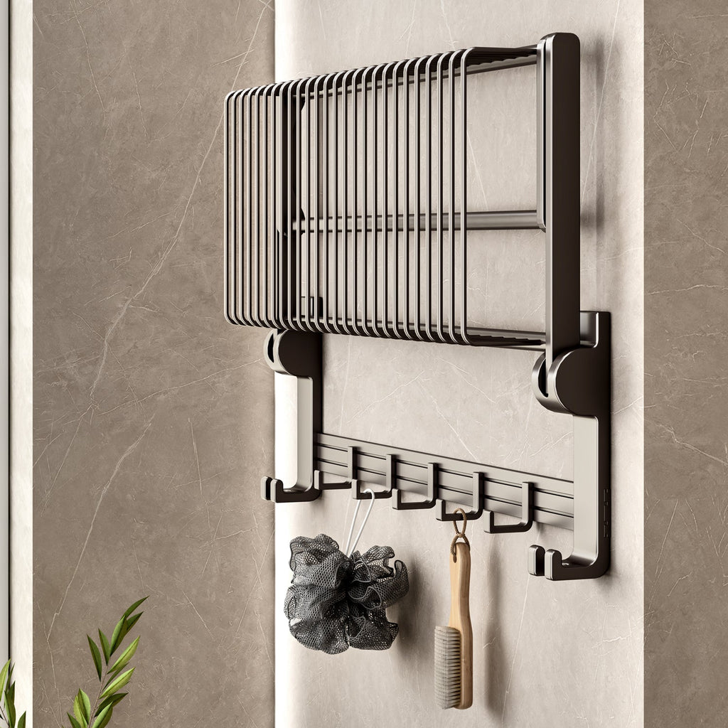 Gray wall-mounted double pole aluminum towel rack with hooks organizing bathroom accessories and towels — view 5