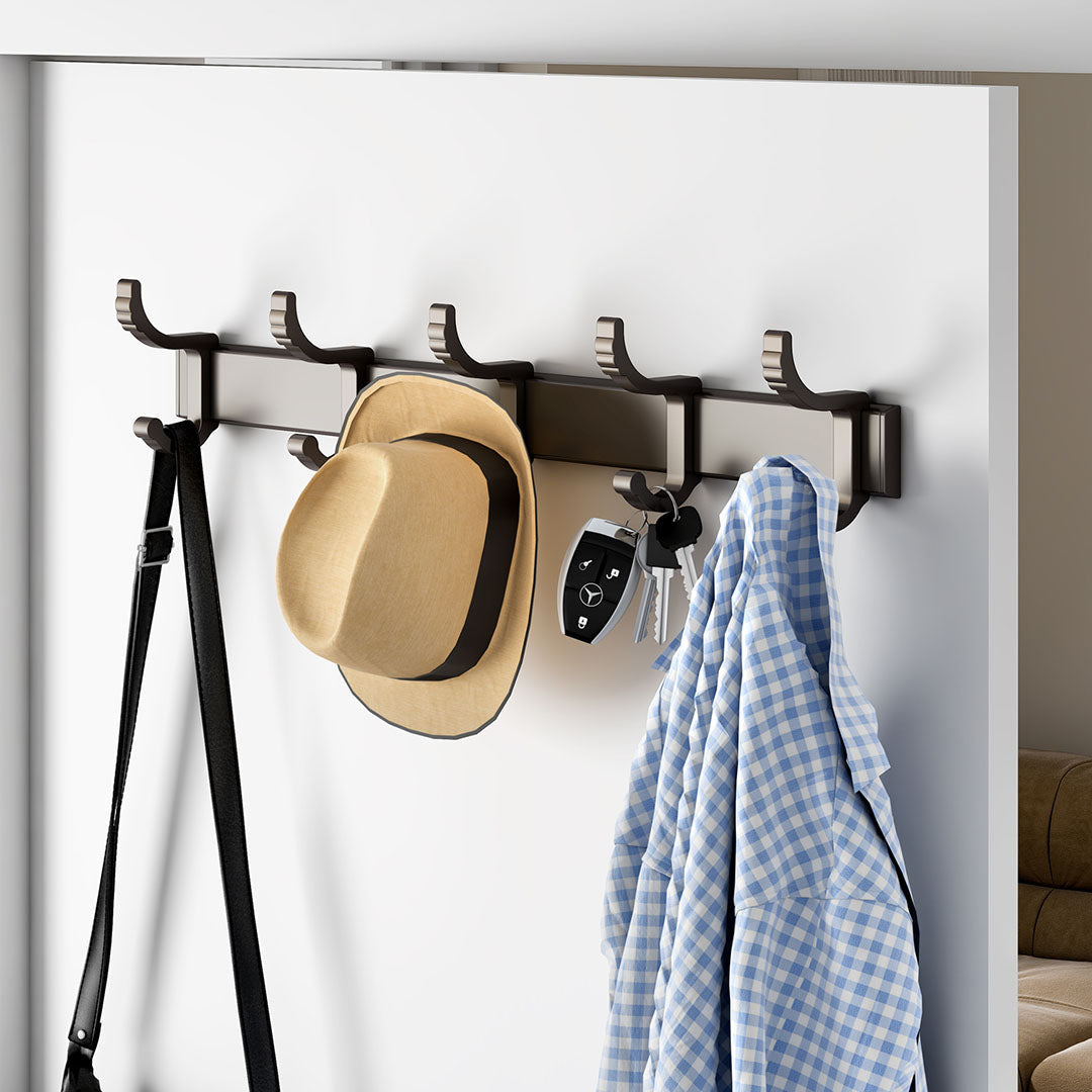 Black wall mounted aluminum towel rack organizer with multiple hooks for bathroom and entryway storage — view 5