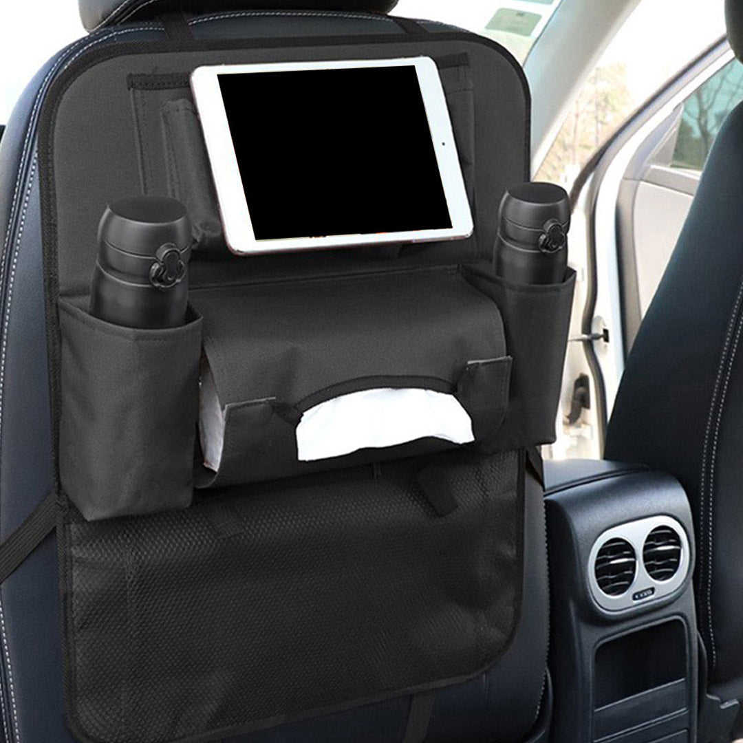 Black PVC leather car backseat organizer with seven multi-purpose storage pockets and adjustable straps. — view 5