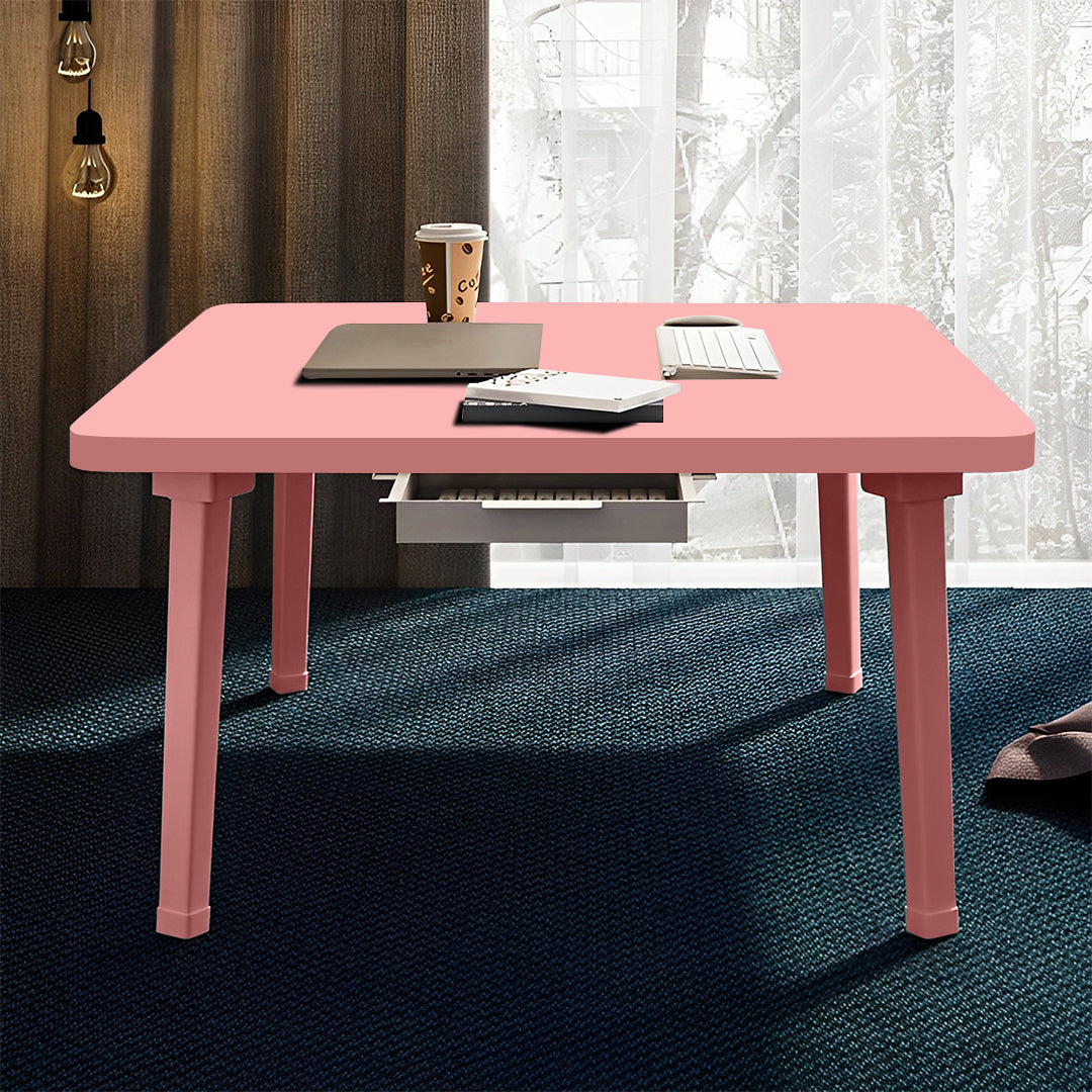 Set of two pink portable square floor tables with metal frames and built-in mini drawers — view 5