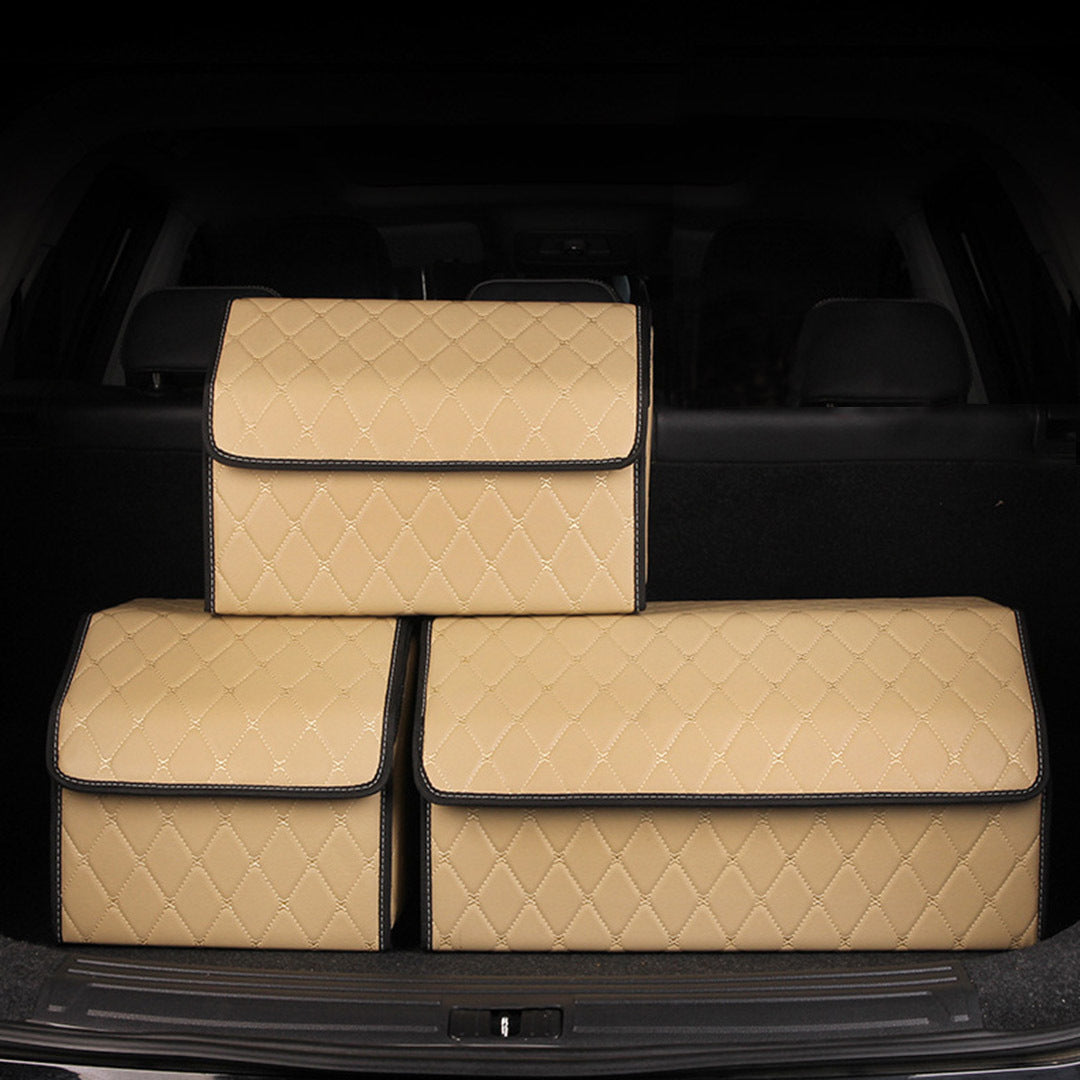 Beige leather car trunk organizer boxes with gold diamond stitching and foldable cover — view 5