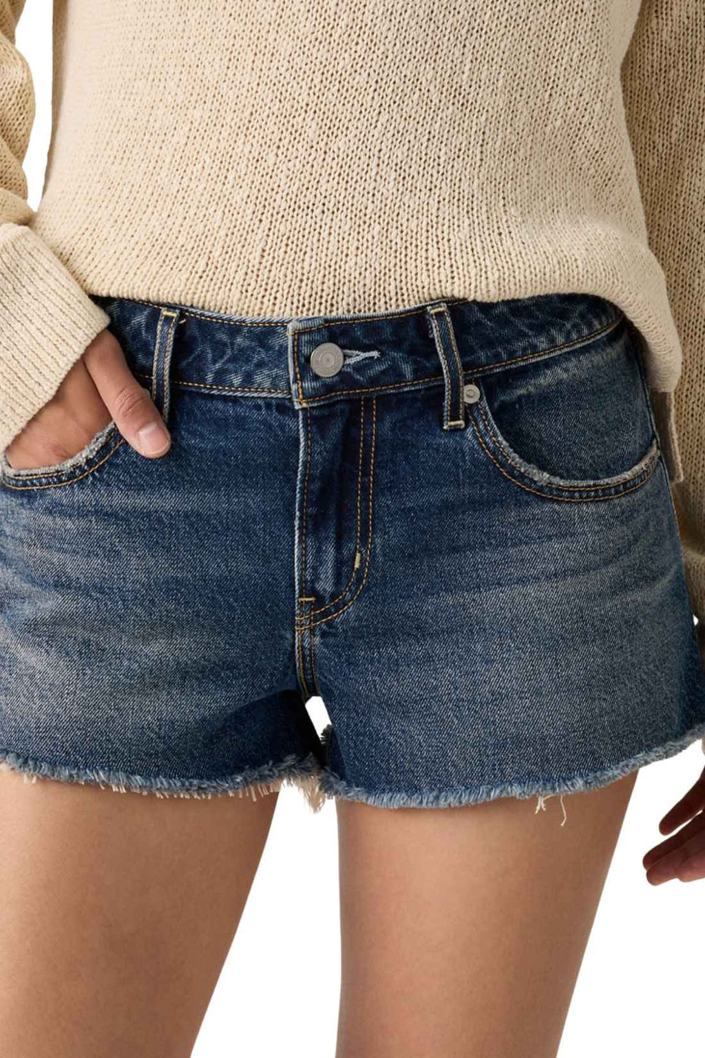 Women's pure cotton regular fit denim shorts with a raw cut hem and five pocket styling — view 4