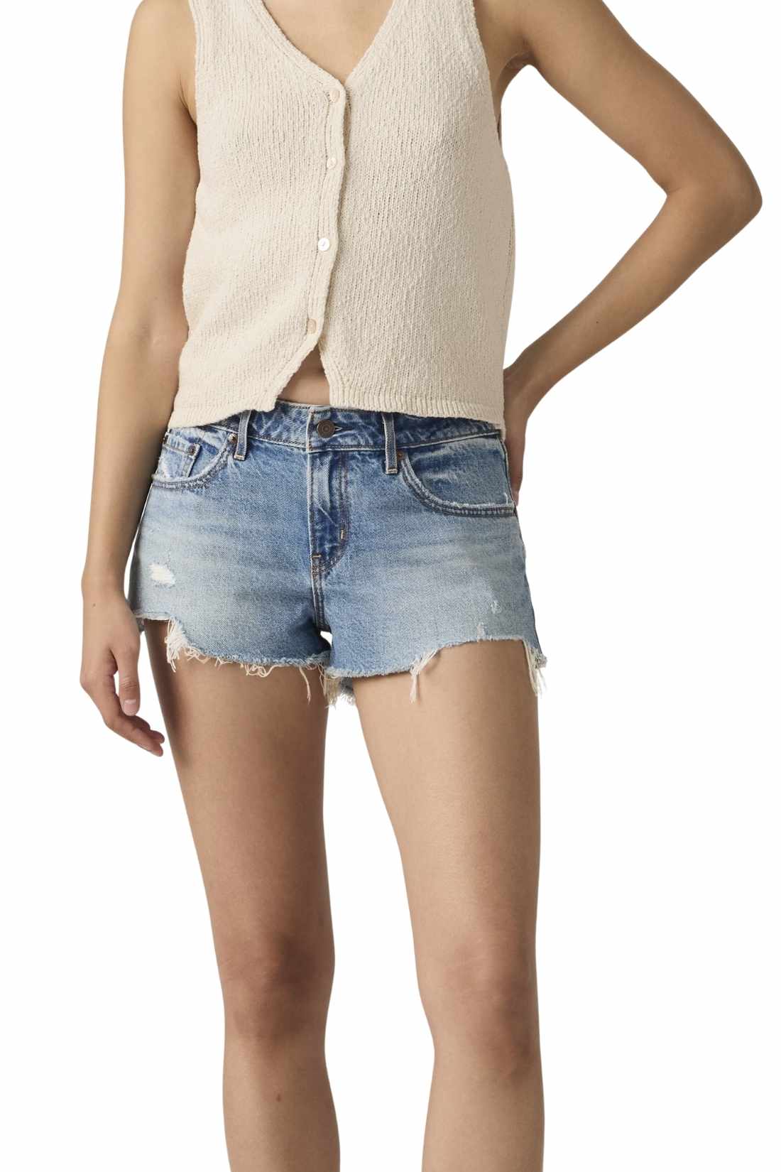 Women's pure cotton regular fit denim shorts with a raw cut hem and five pocket styling — view 65