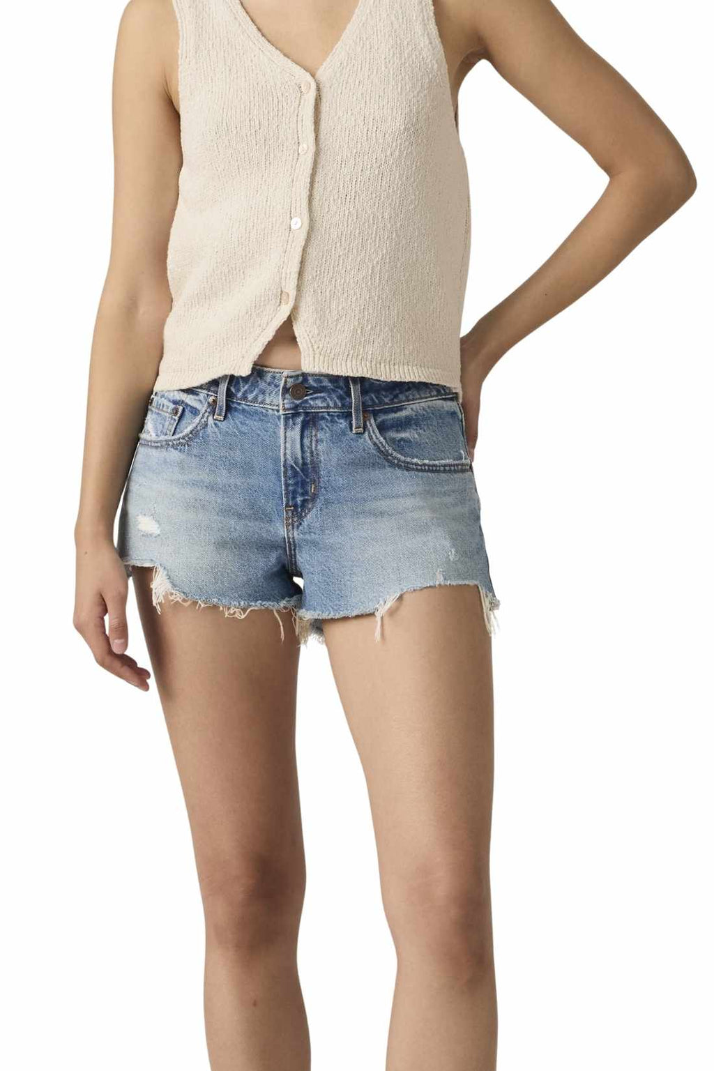 Women's pure cotton regular fit denim shorts with a raw cut hem and five pocket styling — view 45