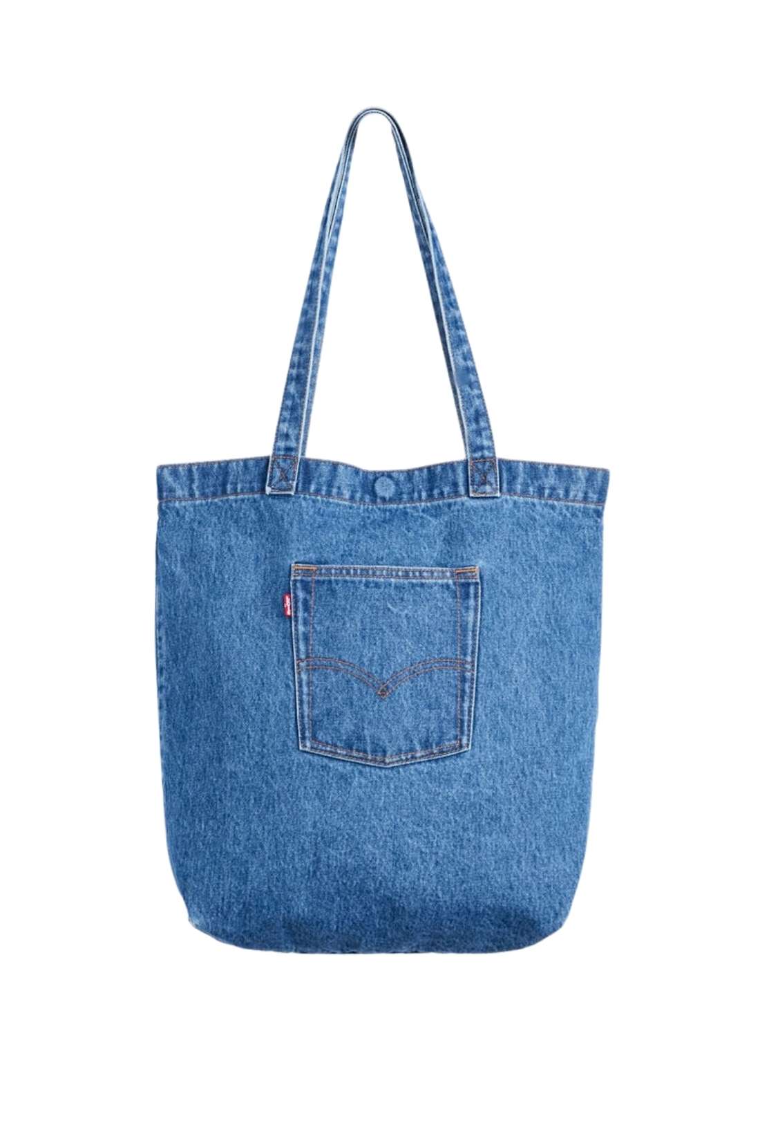 Beige denim tote bag with double handles, snap fastening, front pocket, and red signature label