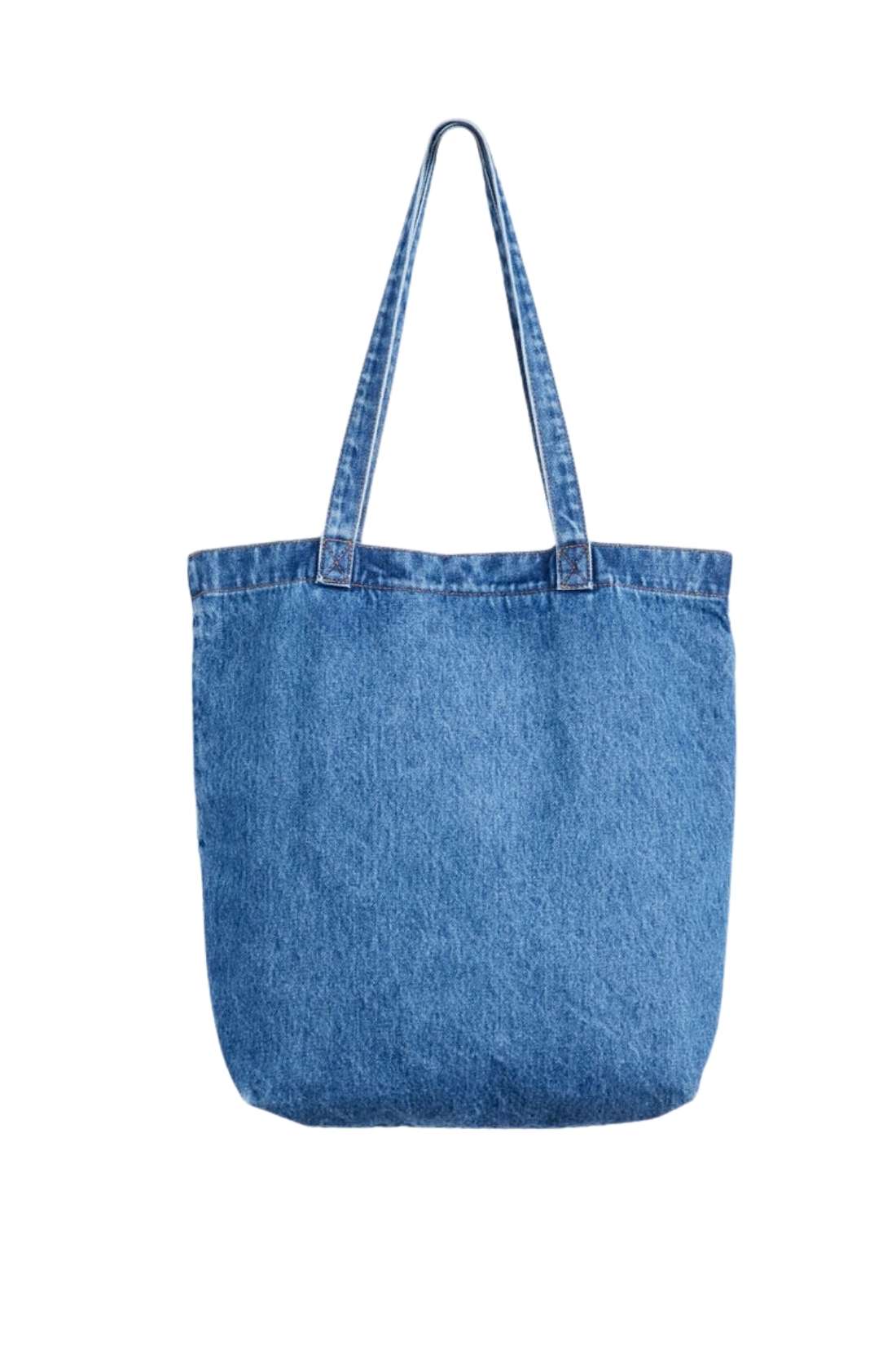 Beige denim tote bag with double handles, snap fastening, front pocket, and red signature label — view 8