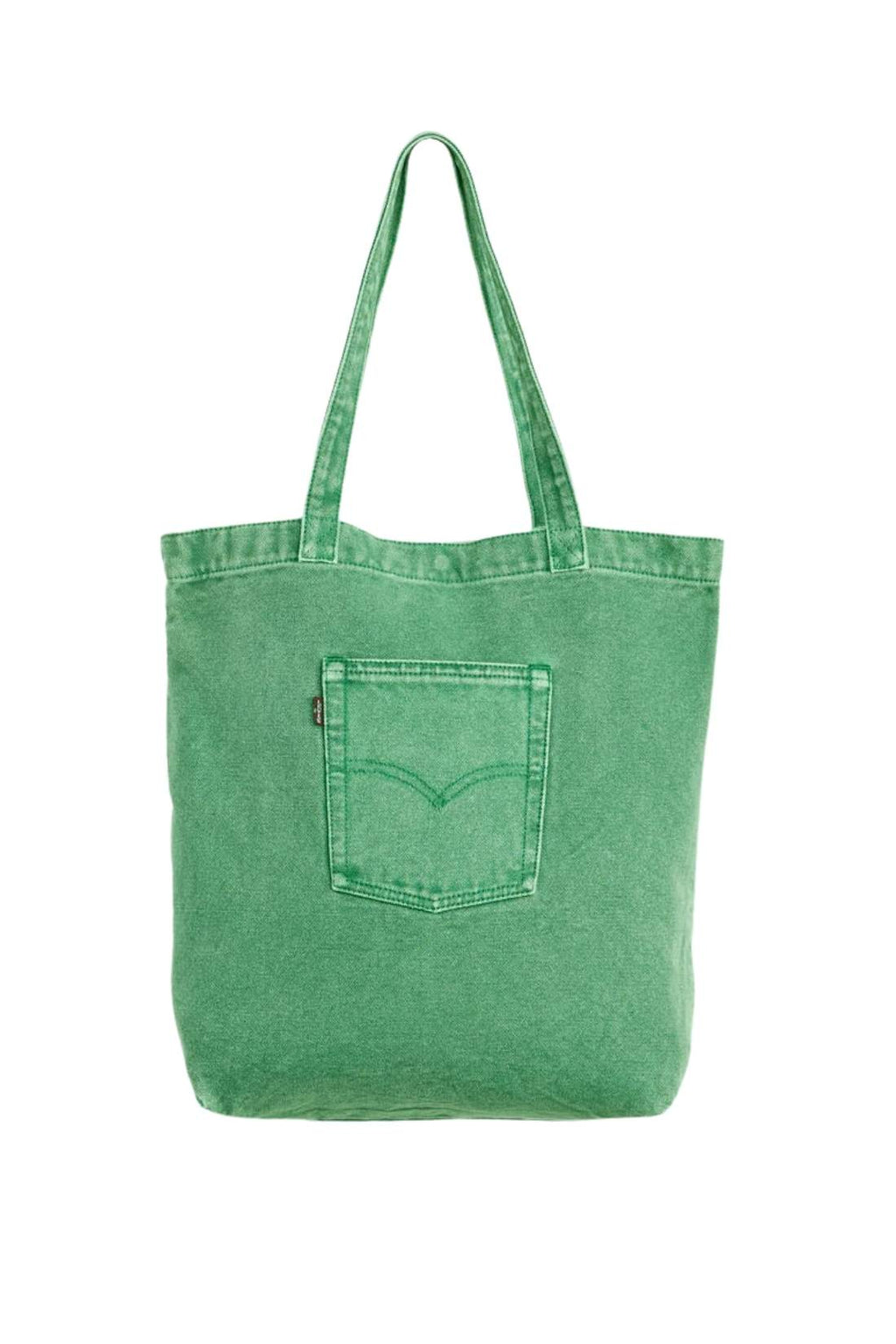 Beige denim tote bag with double handles, snap fastening, front pocket, and red signature label — view 11