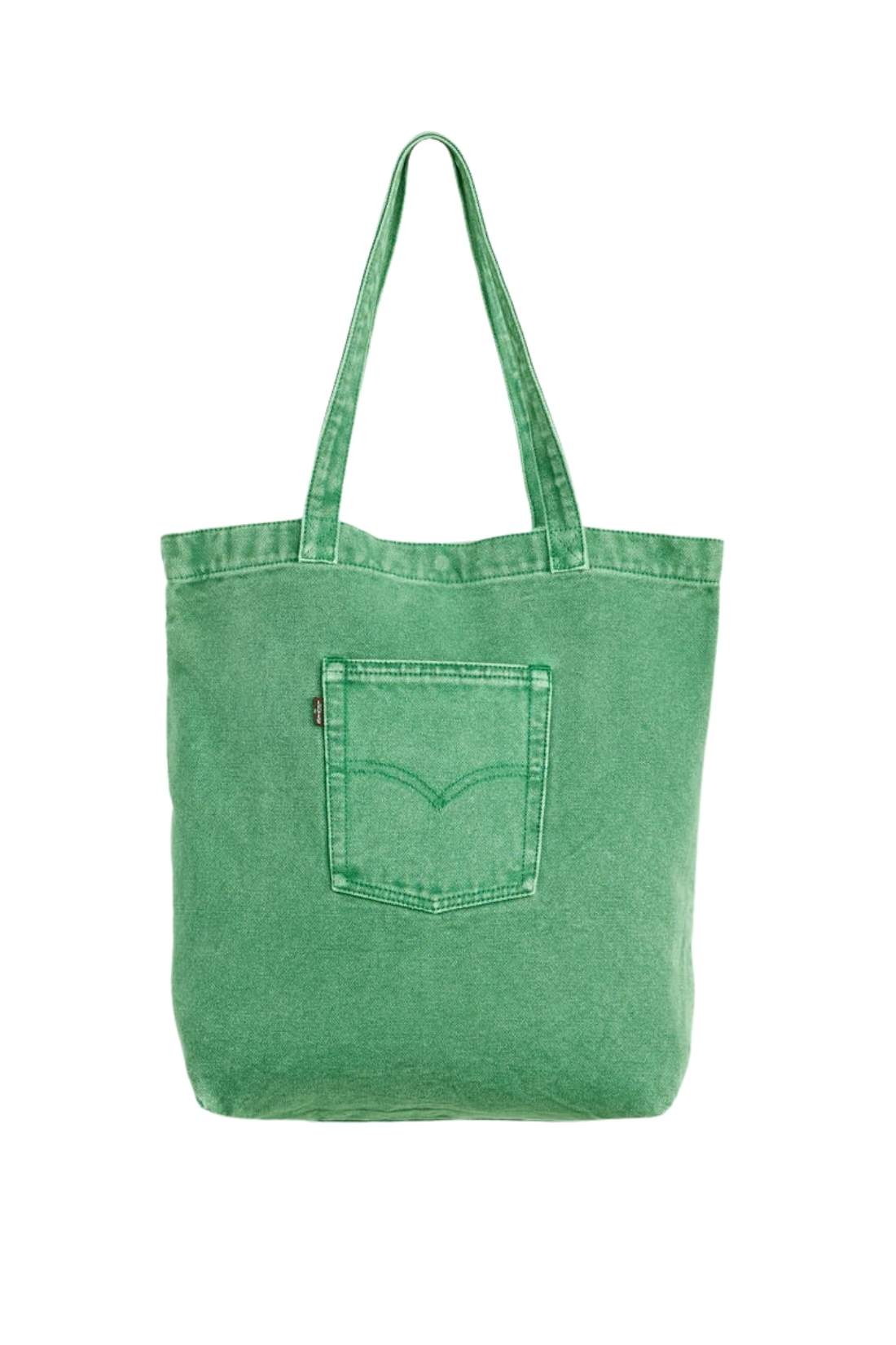 Beige denim tote bag with double handles, snap fastening, front pocket, and red signature label — view 11