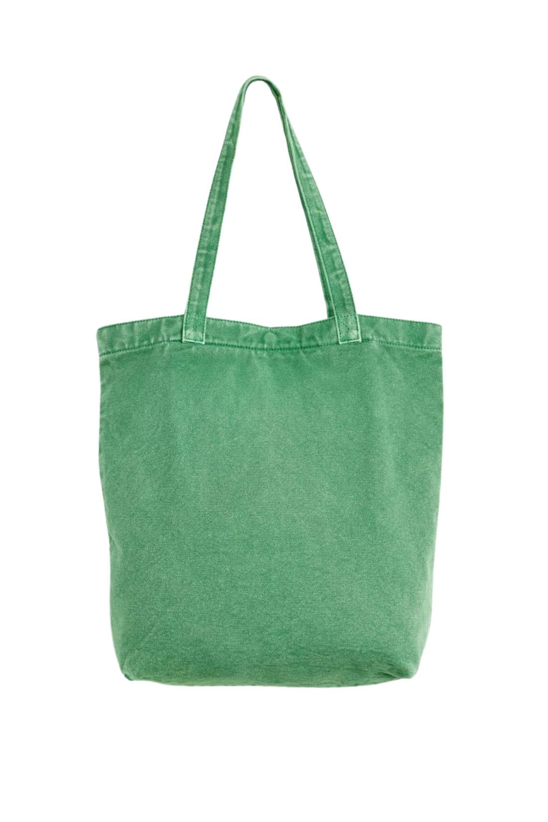 Beige denim tote bag with double handles, snap fastening, front pocket, and red signature label — view 13