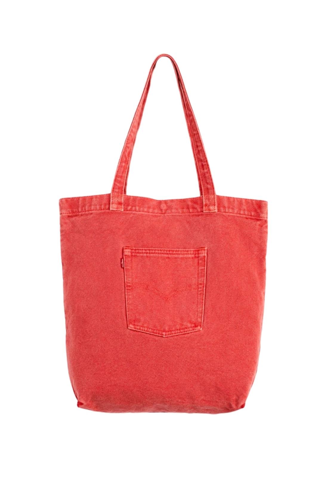 Beige denim tote bag with double handles, snap fastening, front pocket, and red signature label — view 16