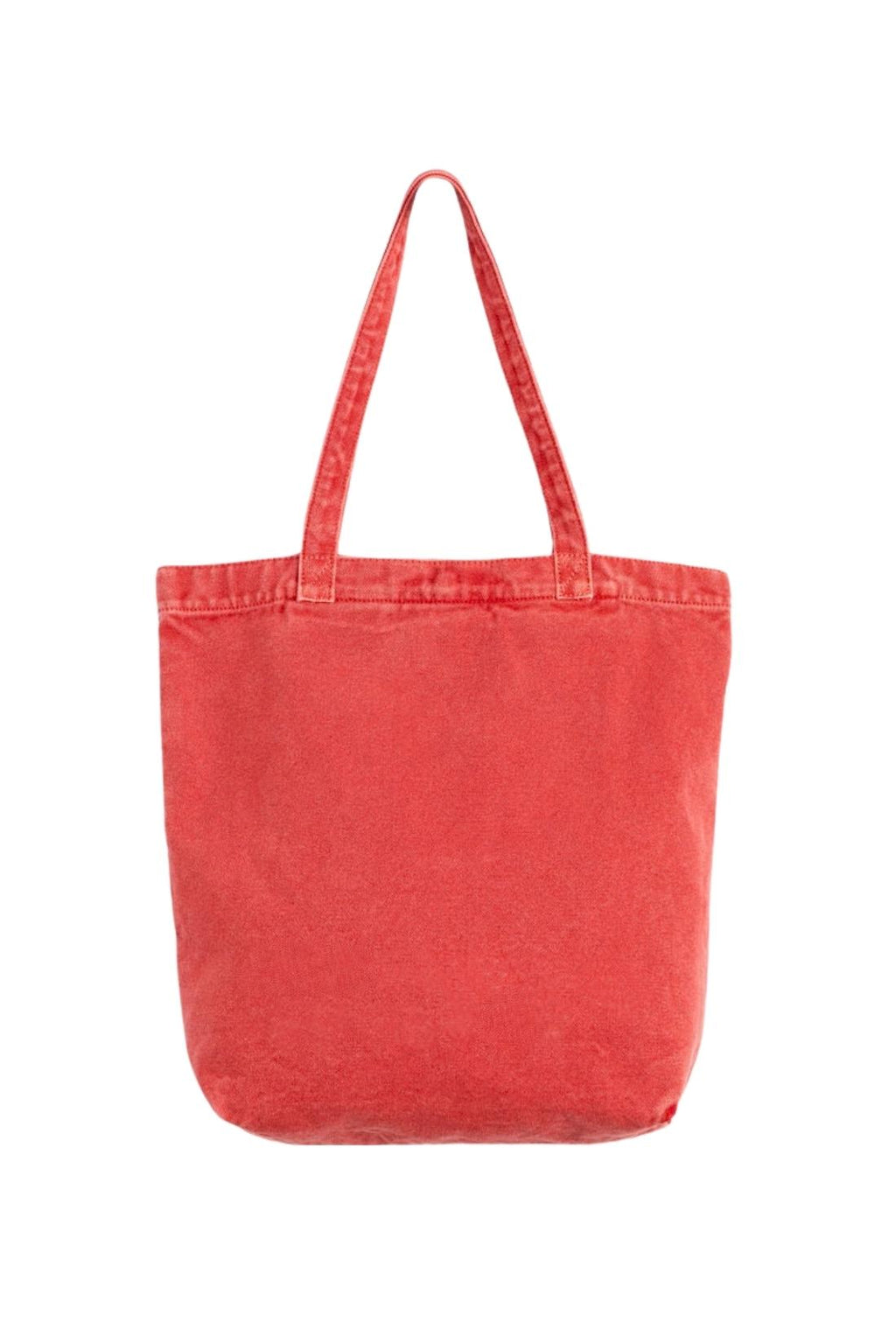 Beige denim tote bag with double handles, snap fastening, front pocket, and red signature label — view 18