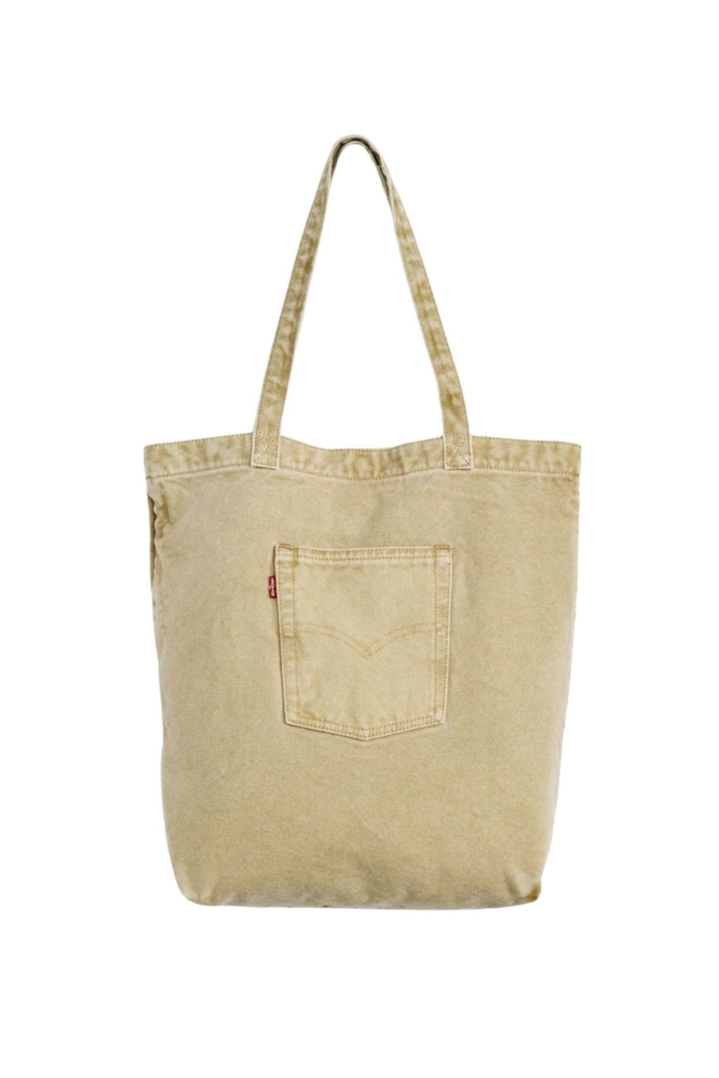 Beige denim tote bag with double handles, snap fastening, front pocket, and red signature label — view 21