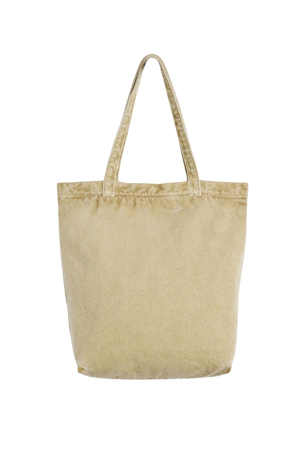 Beige denim tote bag with double handles, snap fastening, front pocket, and red signature label — view 23