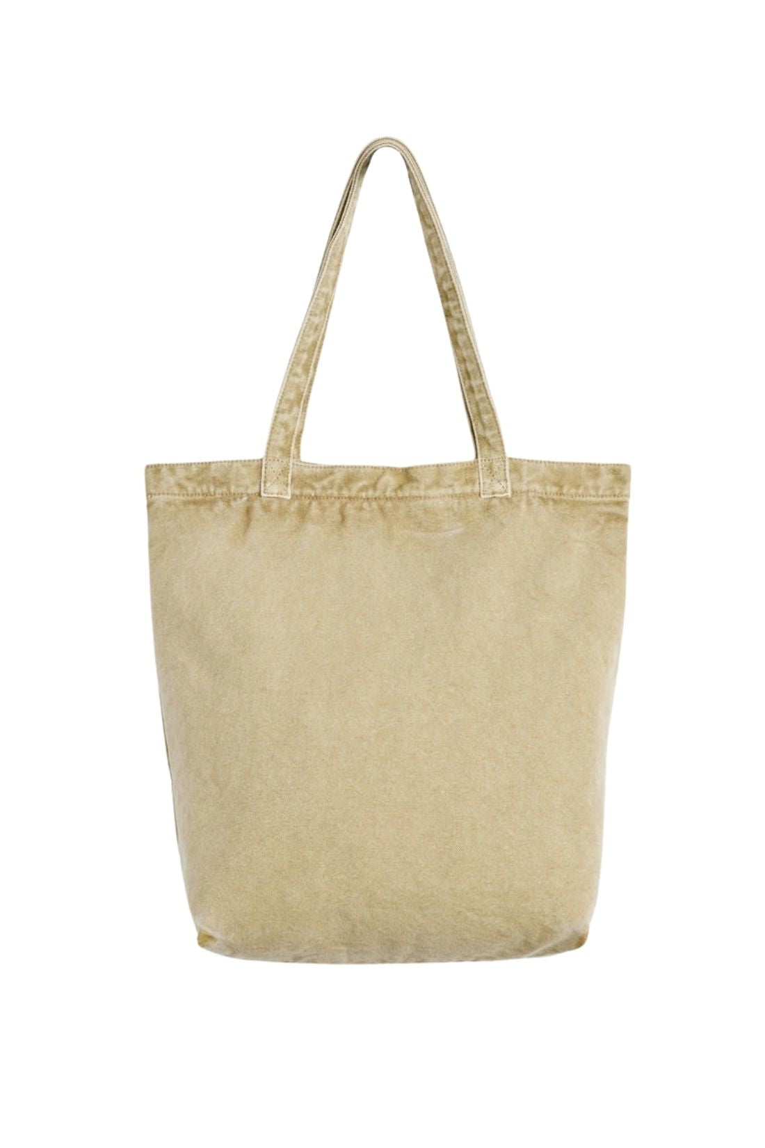 Beige denim tote bag with double handles, snap fastening, front pocket, and red signature label — view 23