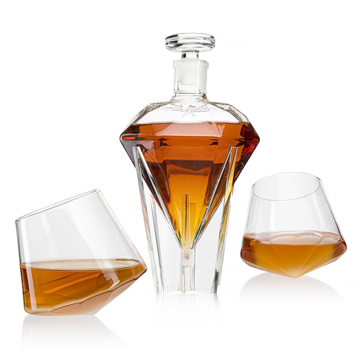 Diamond shaped glass whiskey decanter on a clear base with two matching diamond glasses. — view 4