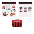 Comprehensive car emergency auto kit displaying jumper cables, first aid supplies, flashlight, and reflective triangle.