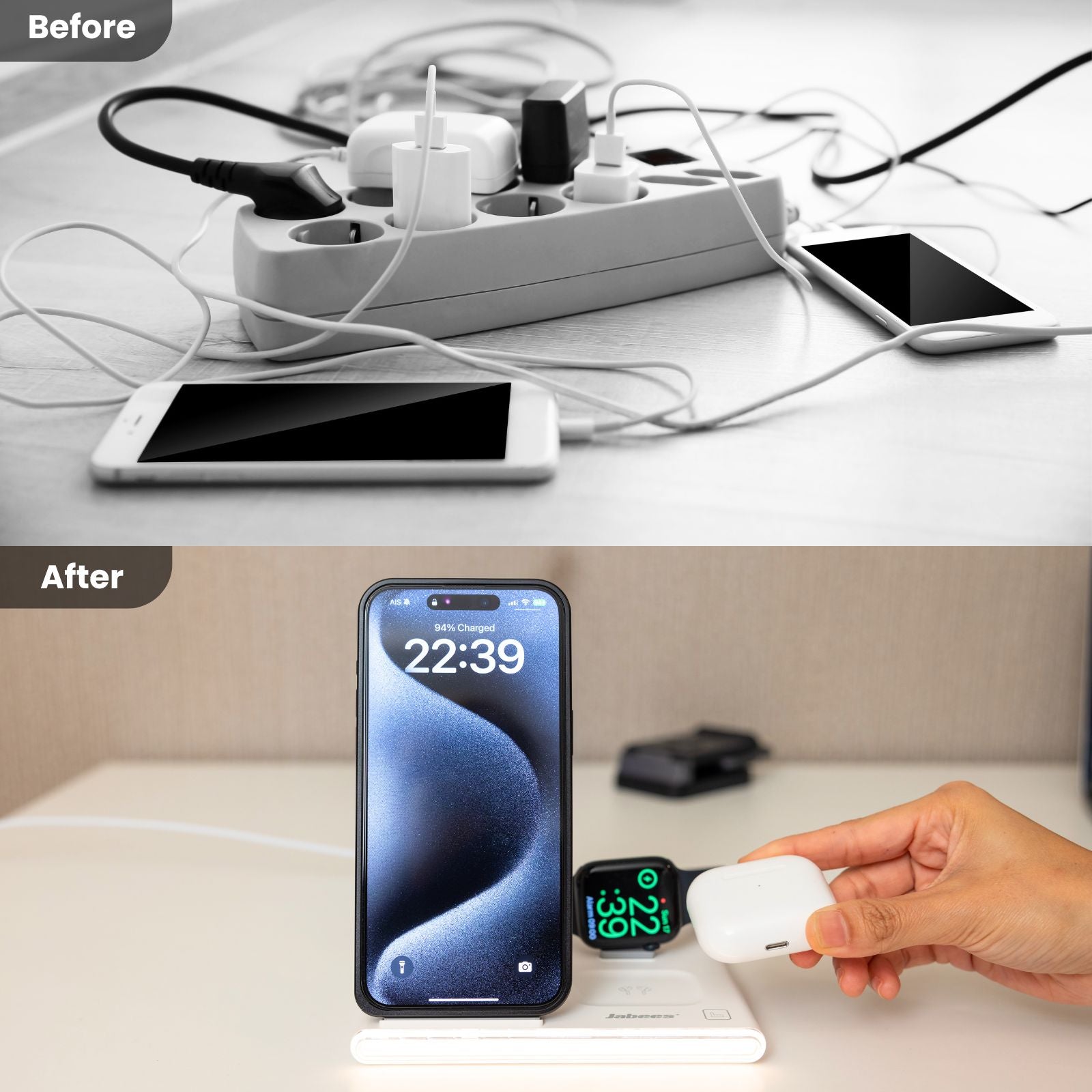 Jabees PowerGlow 4-in-1 foldable wireless charging station with built-in LED night light and adjustable stand — view 2
