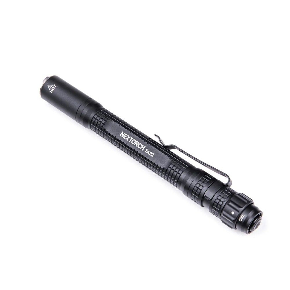 Black NEXTORCH TA22 tactical penlight flashlight with strike bezel and pocket clip — view 4