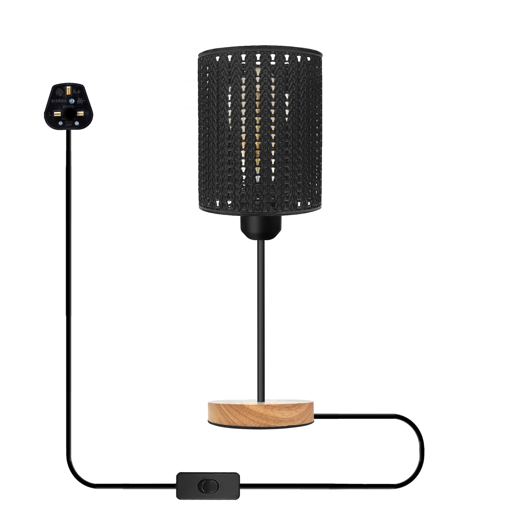 Industrial wire cage table lamp with a natural wood stand and exposed E27 Edison bulb — view 5