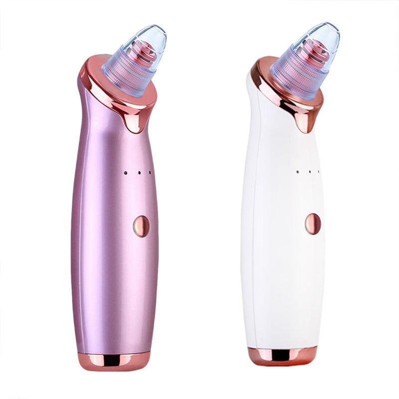 White and rose gold facial vacuum pore cleaner device with five interchangeable suction heads — view 2