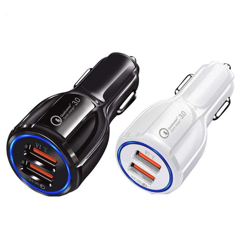 Black 30W dual USB fast car charger for smartphones featuring Quick Charge 3.0 technology — view 2