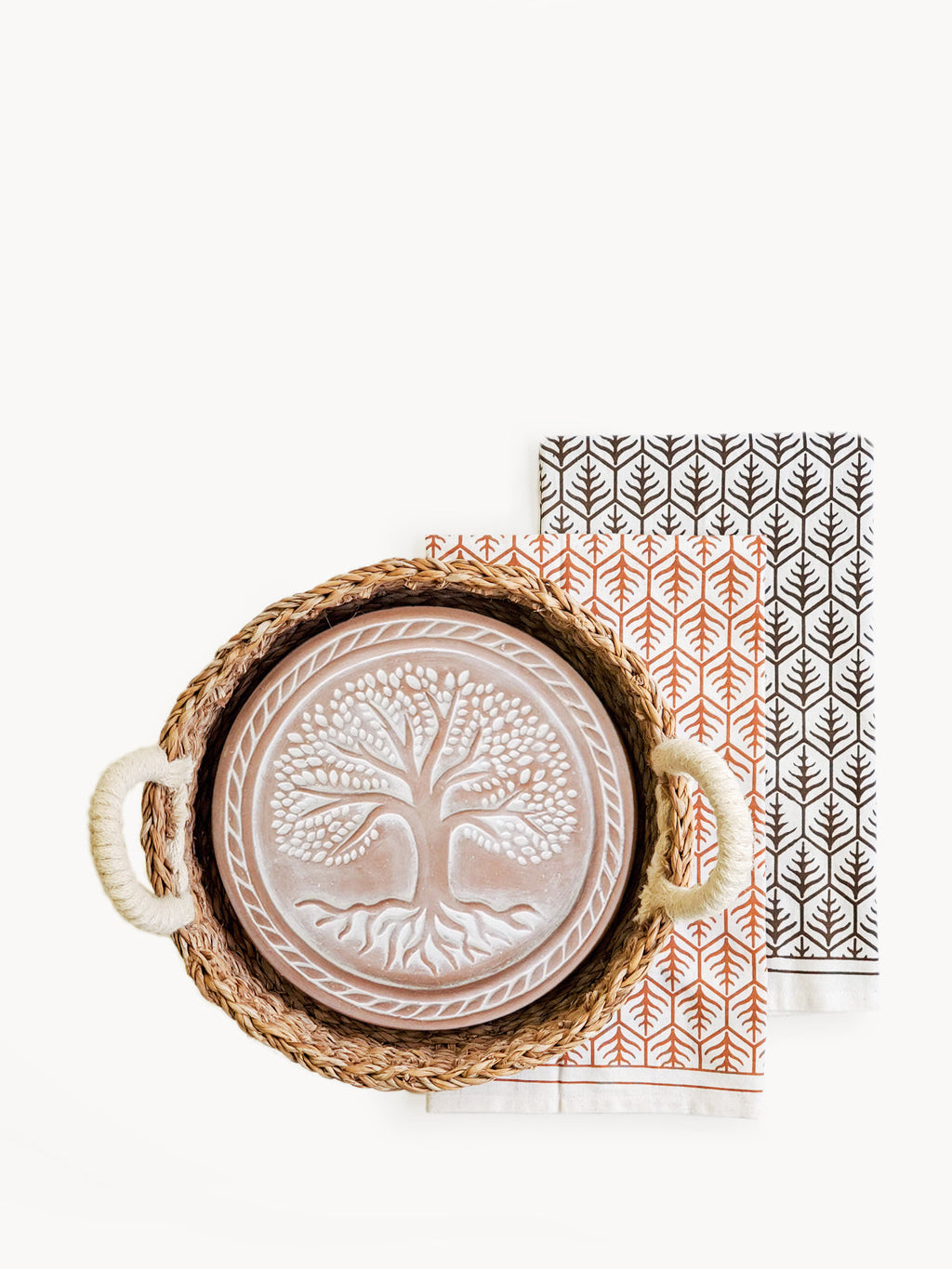 Terracotta tree of life bread warmer stone with woven seagrass basket and printed cotton tea towel — view 4