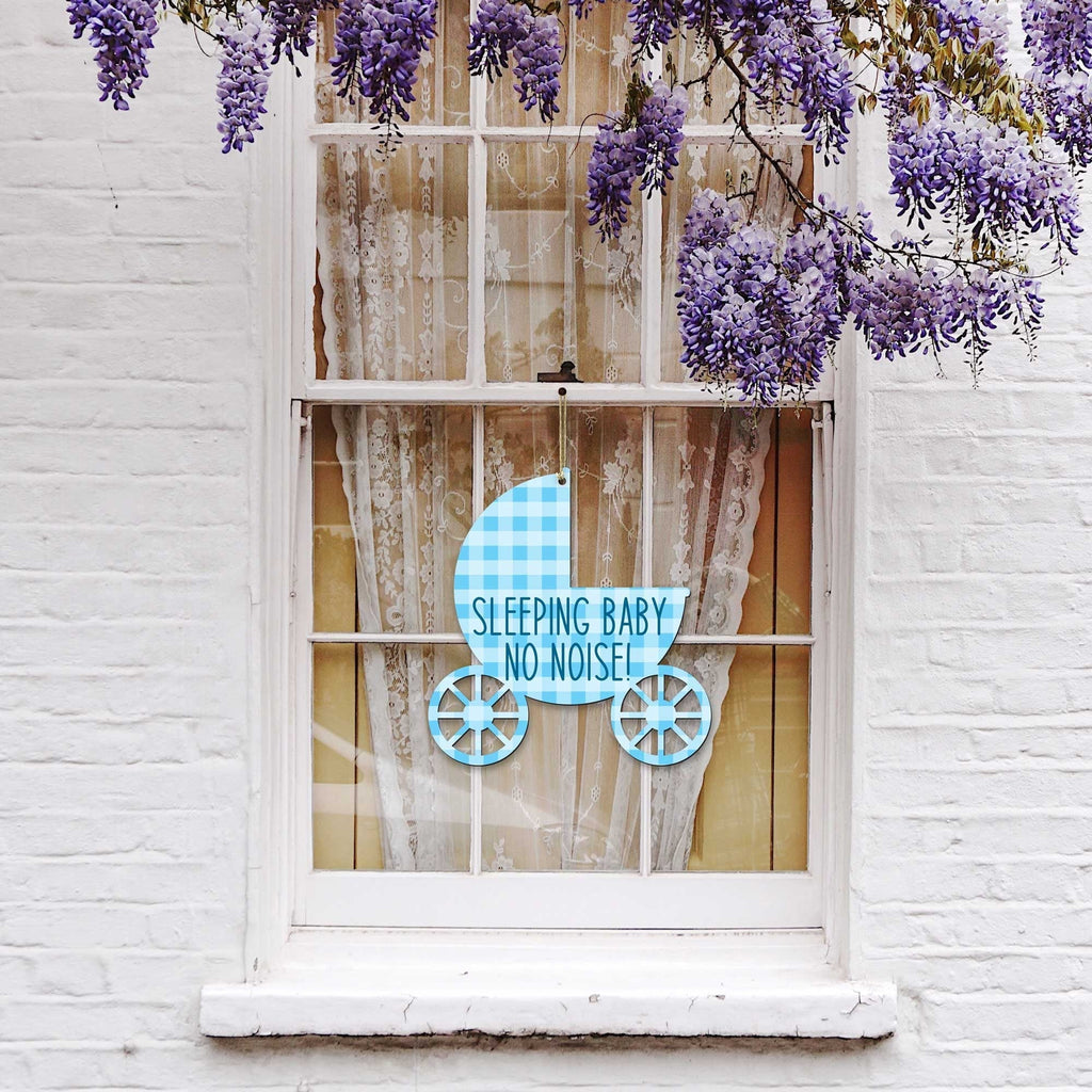 Handcrafted sleeping baby carriage doorbell sign with rustic hanging rope for front doors and nurseries — view 4