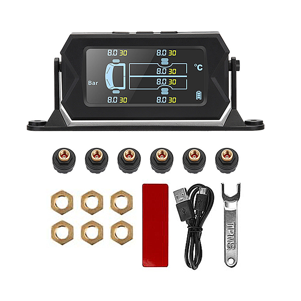 Black tyre pressure monitoring digital display with six waterproof copper valve sensors and accessories