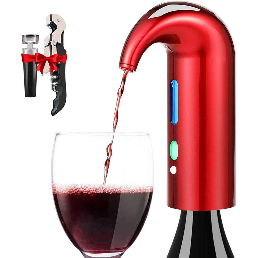 Electric wine aerator dispenser attached to a wine bottle pouring red wine into a glass
