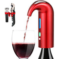 Electric wine aerator dispenser attached to a wine bottle pouring red wine into a glass