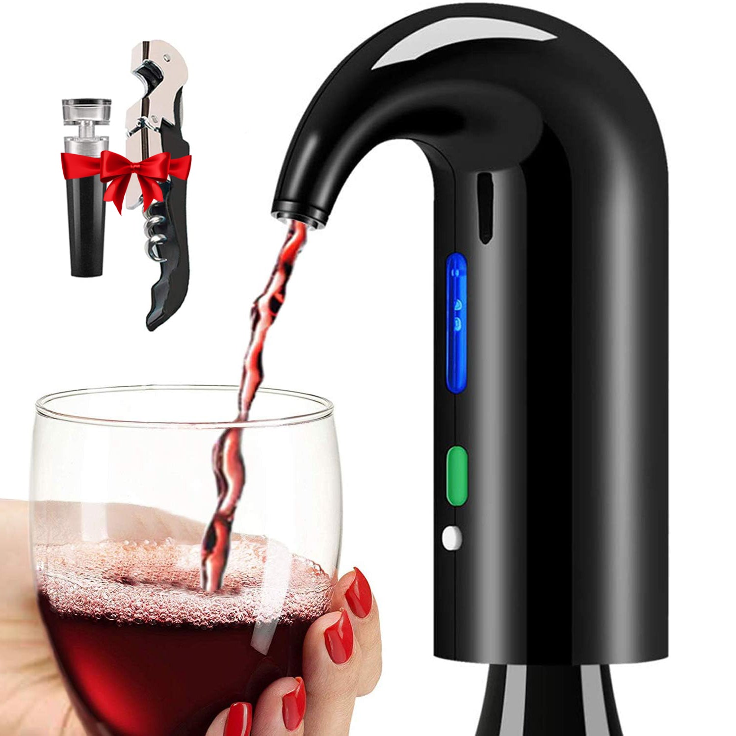 Electric wine aerator dispenser attached to a wine bottle pouring red wine into a glass — view 2
