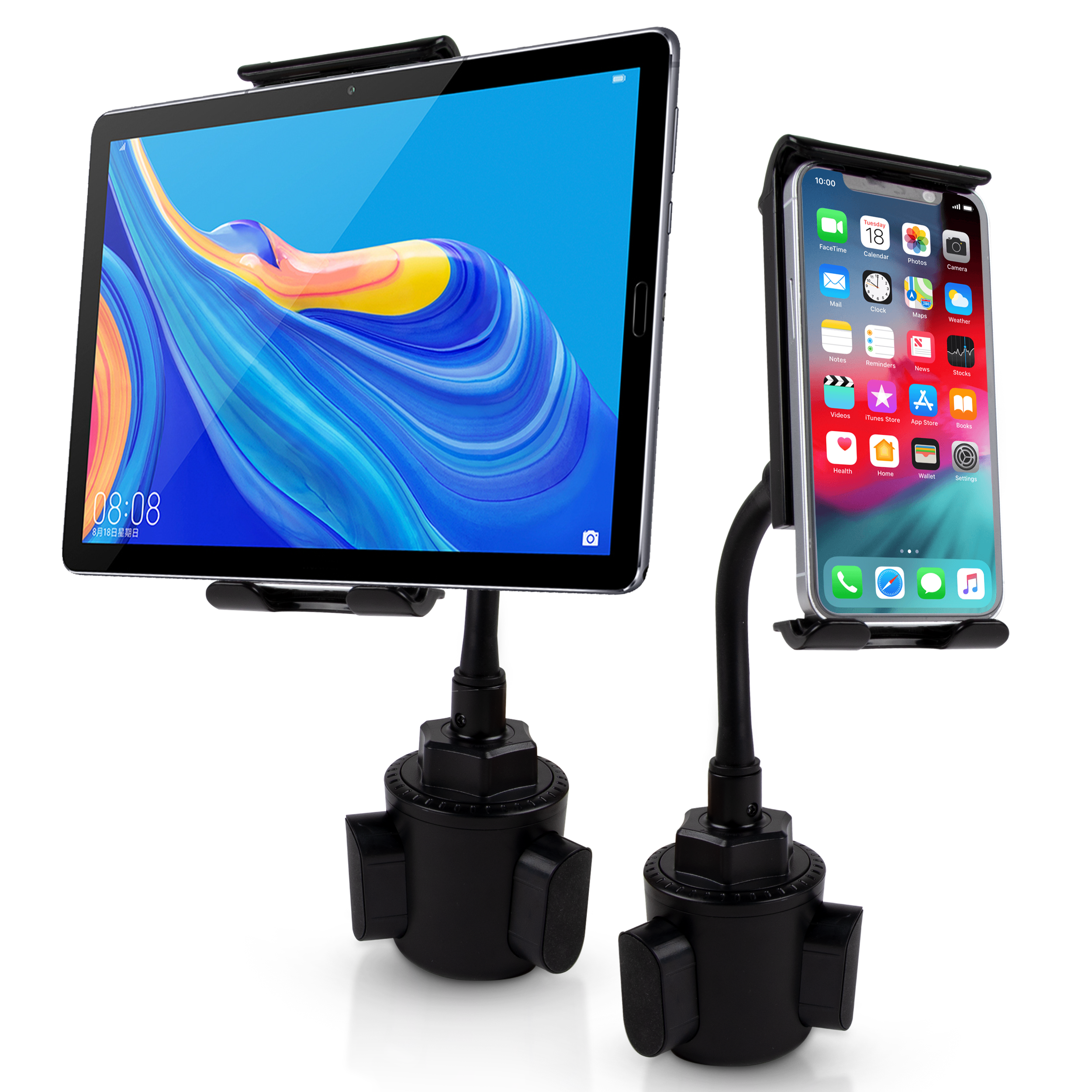 Black 2-in-1 universal cup holder car mount for smartphones and tablets with flexible gooseneck — view 3