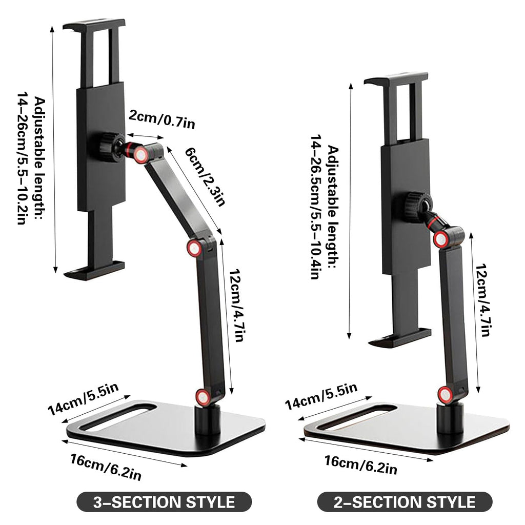 Adjustable carbon steel folding phone and tablet stand positioned upright for a home office desk setup — view 3