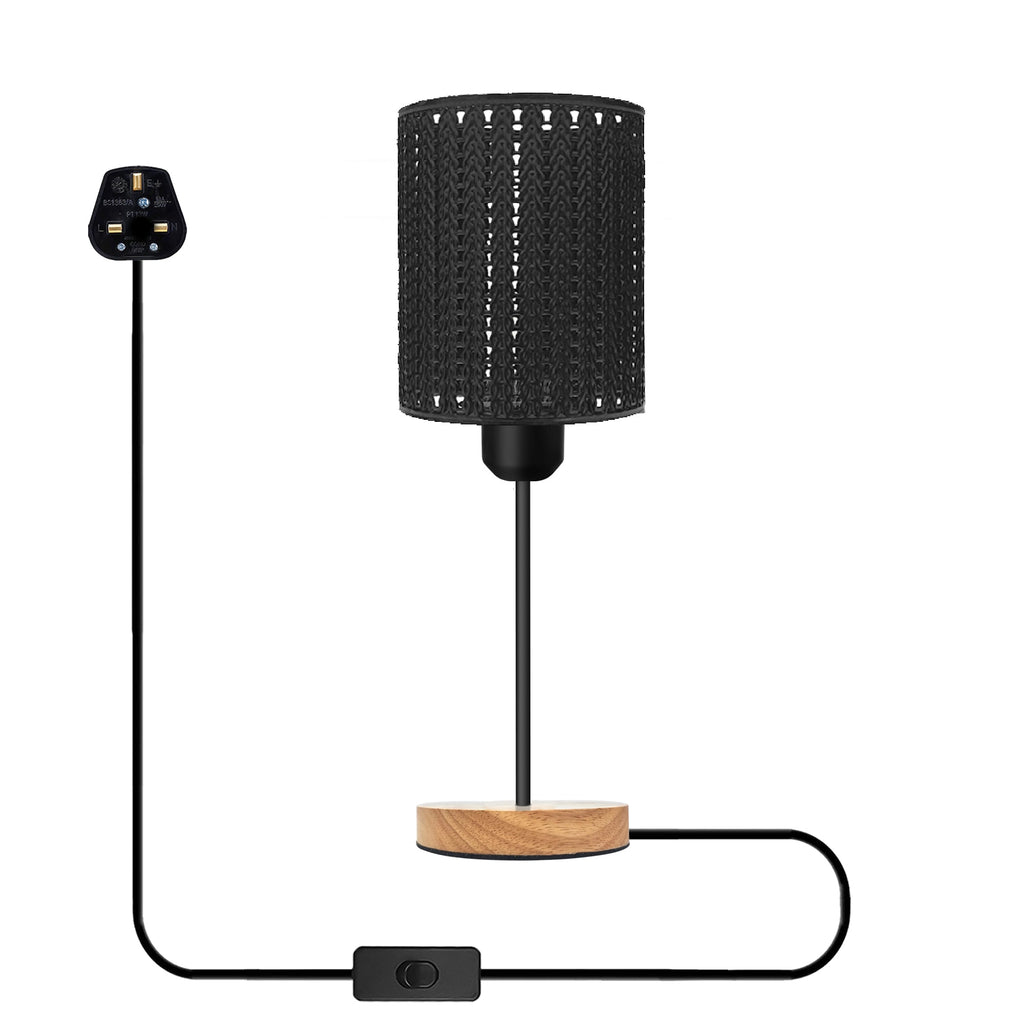 Industrial wire cage table lamp with a natural wood stand and exposed E27 Edison bulb — view 3