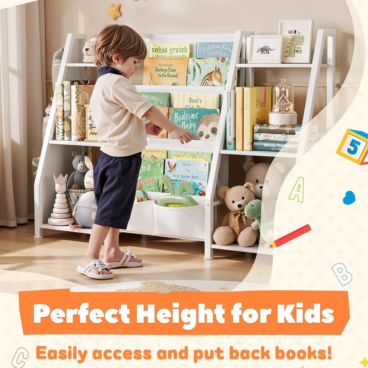 White 3-tier kids bookshelf toy organizer with metal frame, natural wood accents, and fabric pockets — view 3