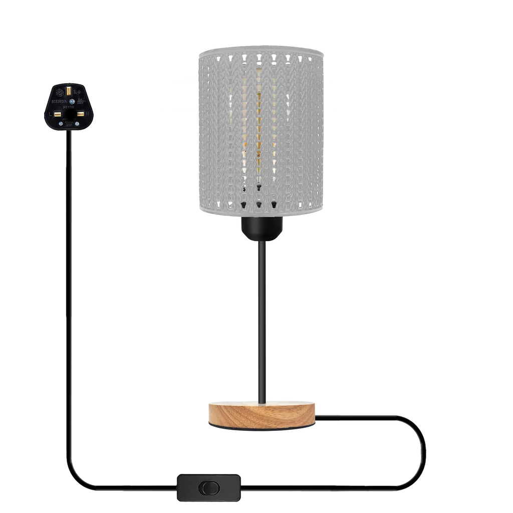 Industrial wire cage table lamp with a natural wood stand and exposed E27 Edison bulb — view 4