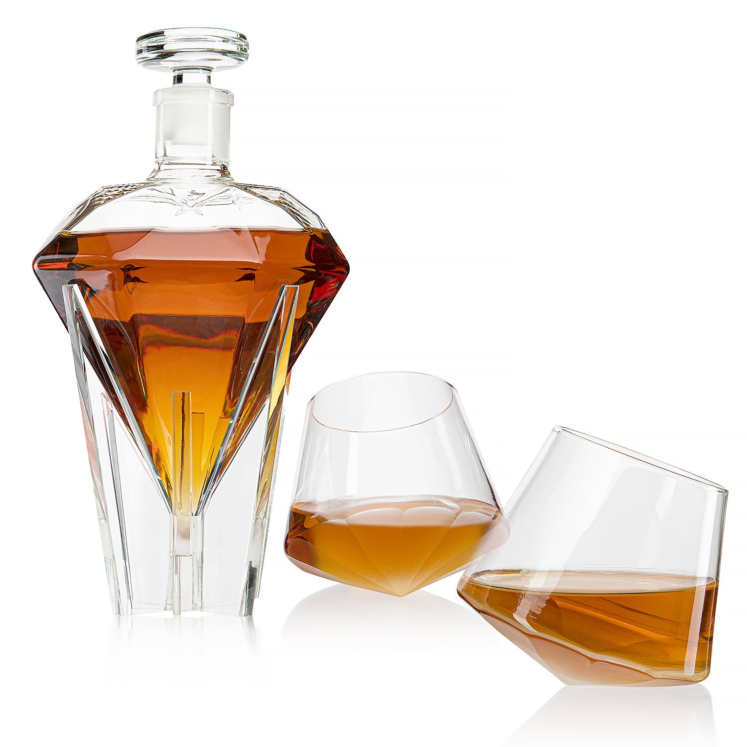 Diamond shaped glass whiskey decanter on a clear base with two matching diamond glasses. — view 5