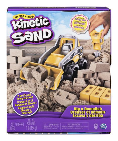Kinetic Sand Dig and Demolish play set with brown sensory sand, brick mold, and construction truck