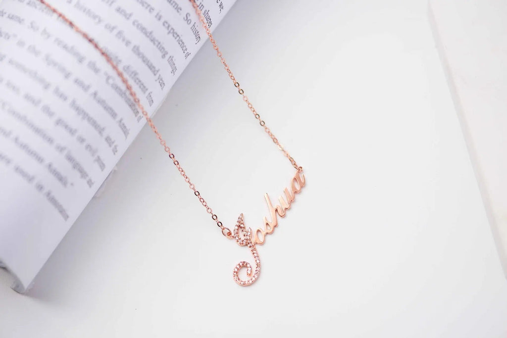 Personalized full silver diamond pendant necklace displaying custom nameplate on adjustable chain — view 3