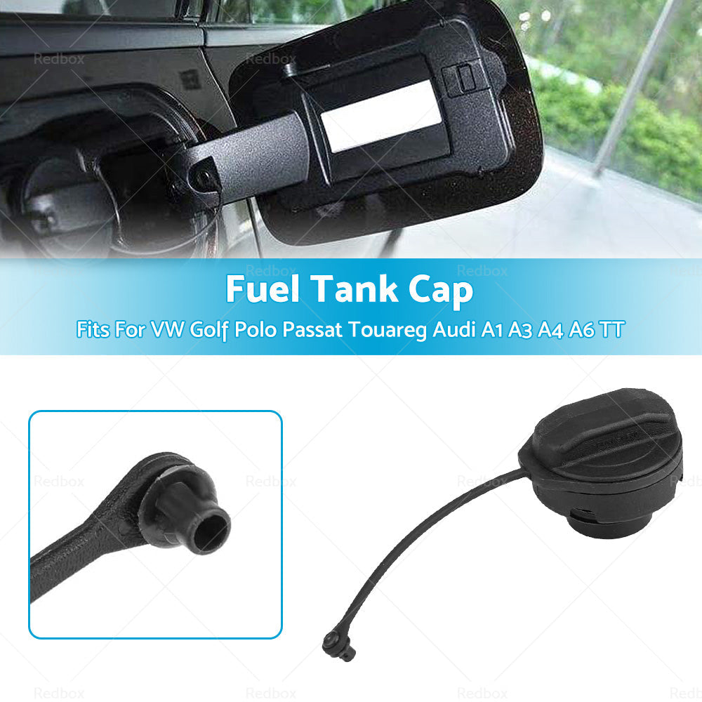 Black replacement fuel tank cap with safety tether made of durable ABS plastic for automobiles — view 3