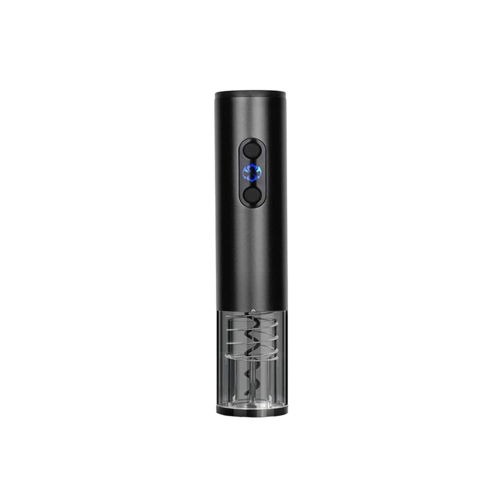 Black rechargeable electric wine opener in brushed aluminum with stainless steel corkscrew and foil cutter