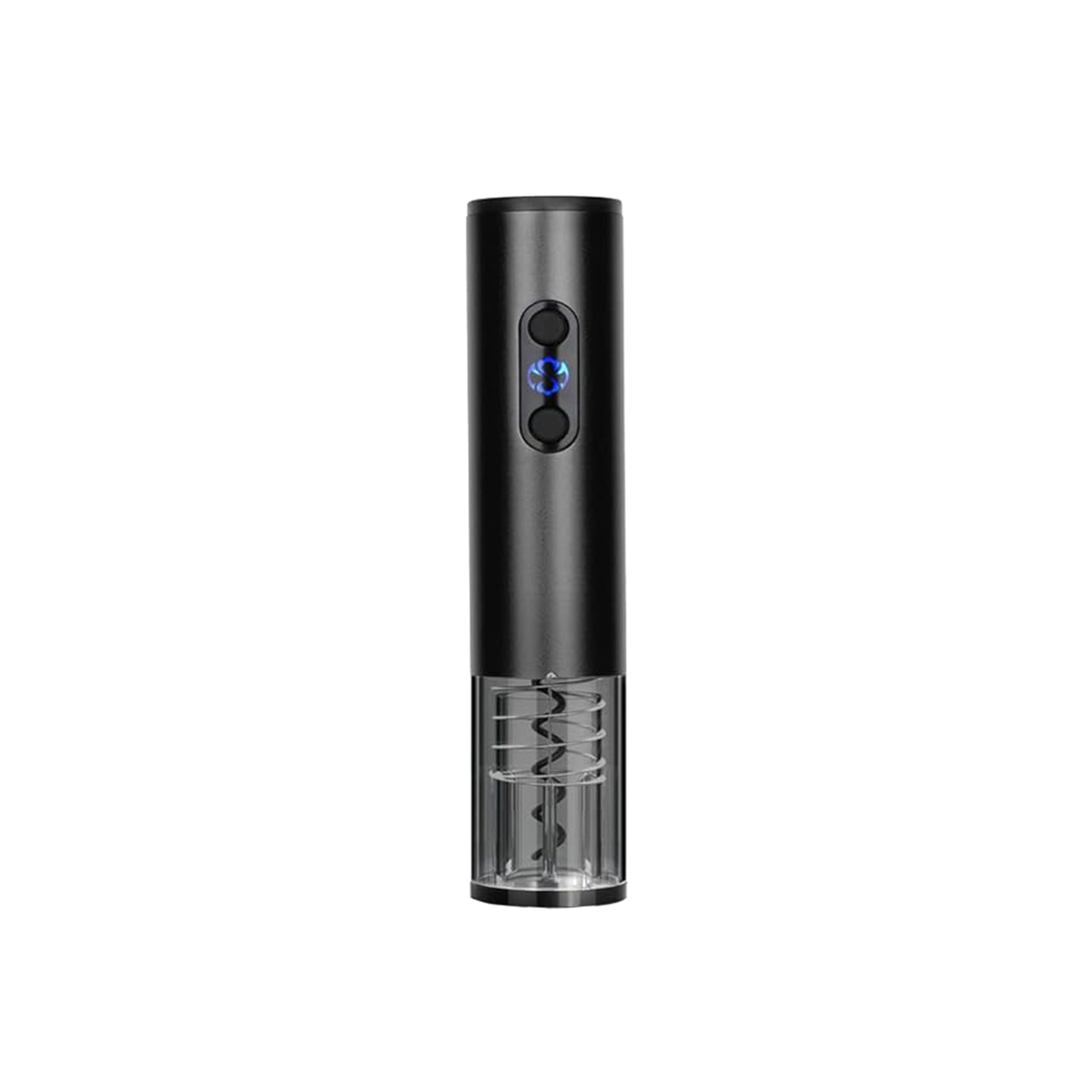 Black rechargeable electric wine opener in brushed aluminum with stainless steel corkscrew and foil cutter